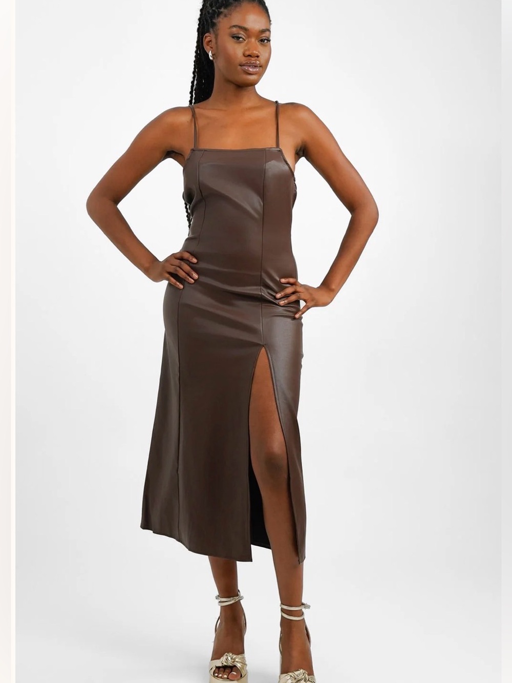 Topshop vegan leather Strappy Slip Midi Dress In Chocolate brown